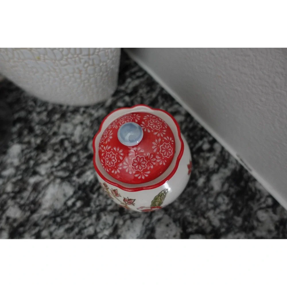 Dutch Wax Coastline‎ Imports Red Floral Handpainted Ceramic Sugar Bowl with Lid